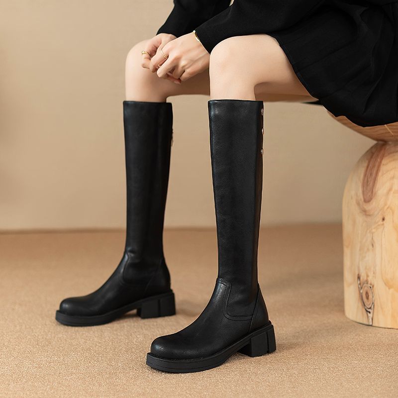 Leather Work Boots - الخريف الشتاء منتصف كعب السيدات الركبة